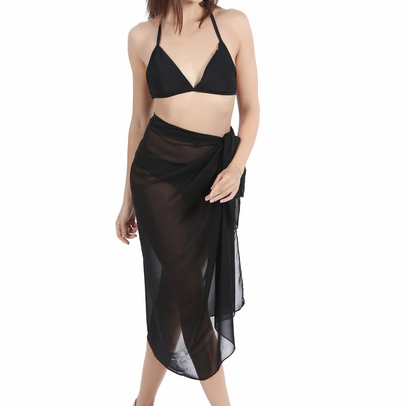 Ayliss Womens Swimwear Chiffon Cover up Solid Color Printed Beach Sarong Swimsuit Wrap Skirt Bathing Bikini Resort Wear (#2 Black) - Image 4